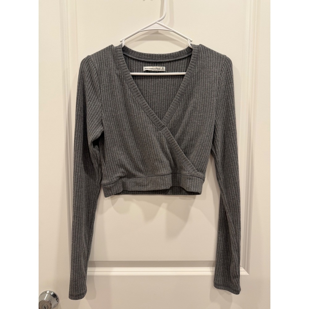 Abercrombie & Fitch Womens Grey Ribbed Faux Wrap Long Sleeve Crop Top Size M
